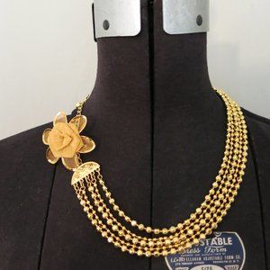 Vintage Multi Strand Shiny Gold Beaded Metal Etruscan Necklace and Free Brooch